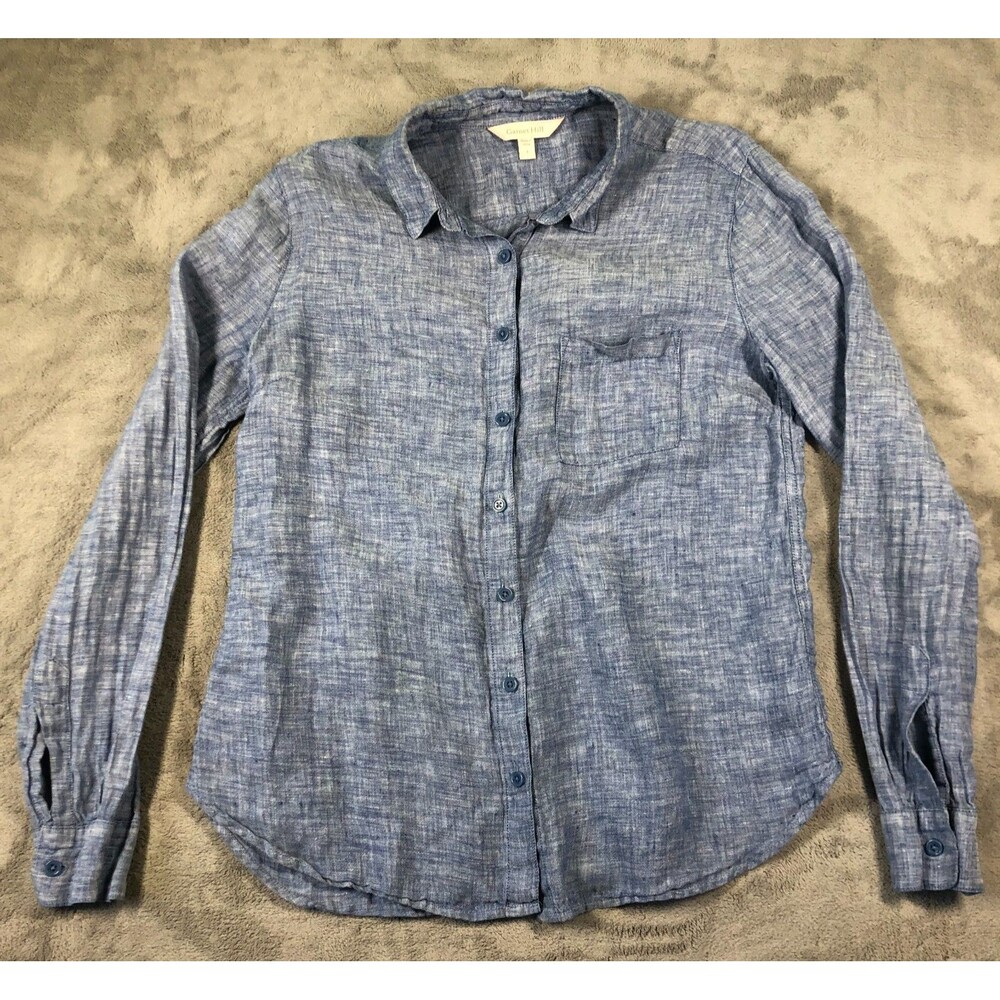 Garnet Hill Classic Linen Button Up Shirt Womens Size 4 Blue Long Sleeve